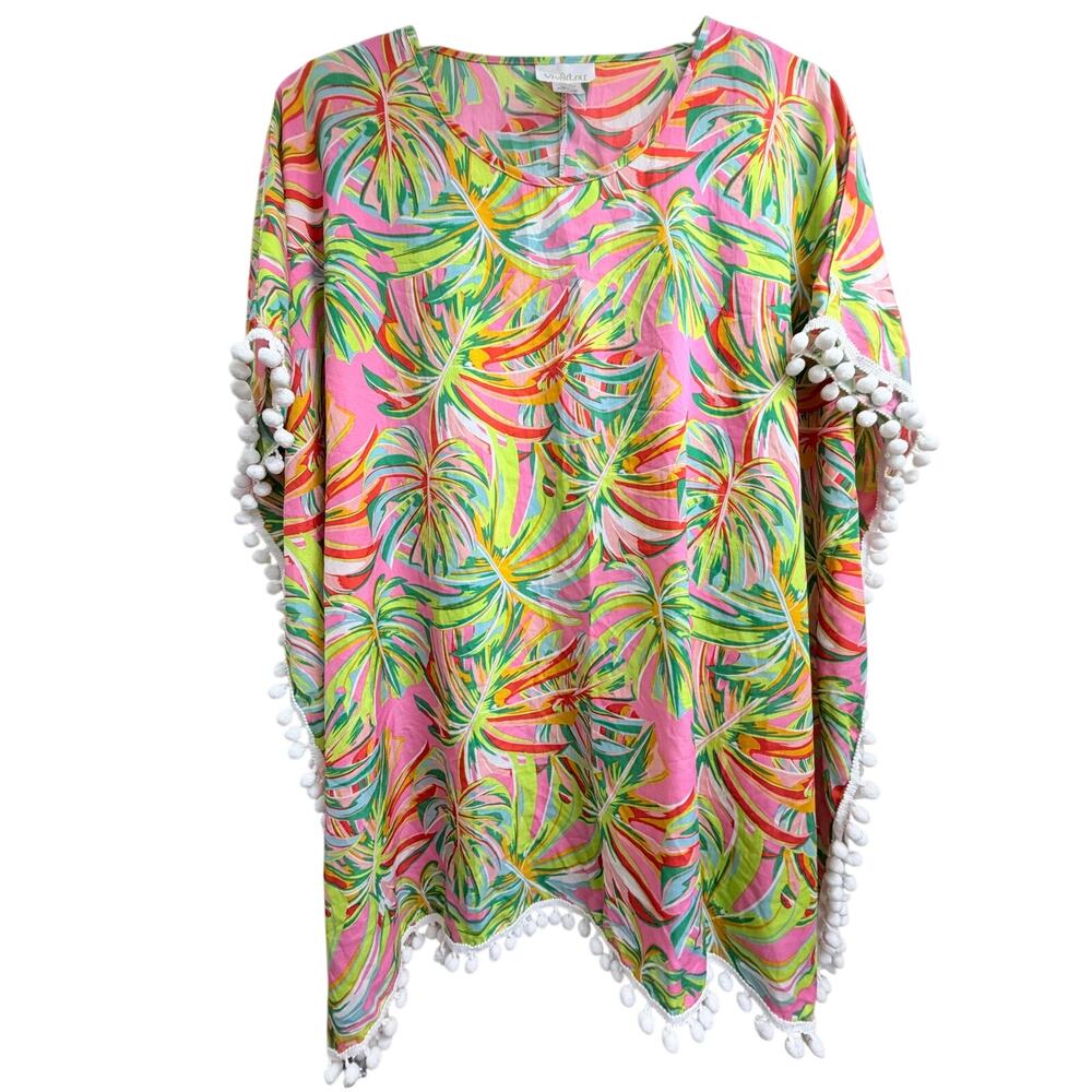 Viv & Lou One Size Tropical Palm Print Pom Pom Beach Cover Up Pink Green